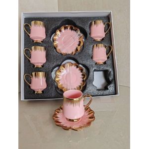 Service a cafe - 6 tasses de cafe - 6 dessous de tasses - fleur- LEUMX - rose