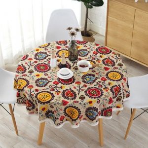 Nappe ronde de 150 cm - Nappe d&eacute;corative - Toile cir&eacute;e - Style boh&egrave;me - Coloris fleuri - Coton et lin - Usage domestique