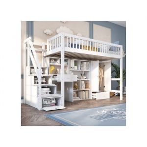Lit mezzanine enfant 90 x 200cm - en bois massif - Lit combiné enfant - avec bureau escalier rangements et armoire