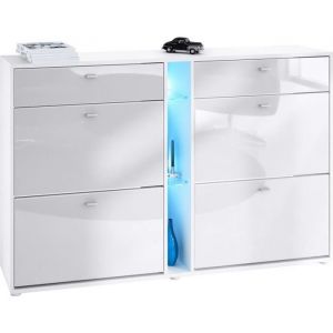 Vladon Meuble &agrave; chaussures Today 1555 x 95 x 28 cm en Blanc mat fa&ccedil;ades en Blanc haute brillance avec l&eacute;clairage LED en Bleu