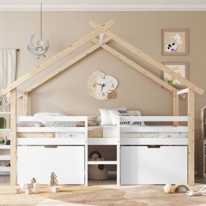 Lit mi-hauteur enfant 90x200cm Lit mezzanine Lit cabane en bois avec 2 tiroirs de rangement et sommier &agrave; lattes - blanc