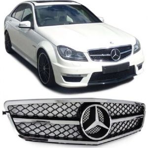 CALANDRE MERCEDES CLASSE C W204 NOIR BRILLANT + CHROME LOOK C63 AMG SL DESIGN - VENDUE AVEC LOGO