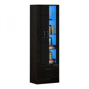 Vitrine-Argentier Noire 595x35x182cm Lumineuse LED 2 Portes Transparentes Sur Pied Meuble Buffet Pour Salon & Mur De Salon