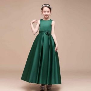 Robe Soir&eacute;e Princesse Fille En Satin Sans Manches Robe Longue Mariage C&eacute;r&eacute;monie Ceinture &Agrave; Fleur Couleur Unie - Vert