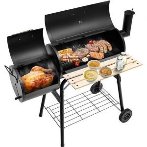 COSTWAY Barbecue à Charbon de Bois-Fumoir DéportéCouvercle-2 Roues-Caisse de Feu-Table Latérale-Thermomètre Grille115x65x108cm