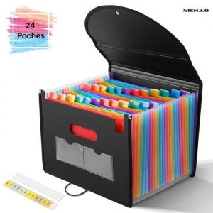 XICHAO - Trieur &agrave; Soufflets Classeur Rangement Papier Chemise Trieur Plastique 24 Compartiments Avec Couvercle A4 Documents Extensib