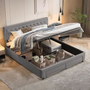 Lit 160x200 cm avec sommierChambre complete adultelit deux placeLit coffre 160x200Cadre de litRangement2 TiroirsVeloursGris