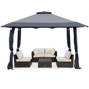 COSTWAY Tonnelle de Jardin Pliante Pop-up 4Mx4M - Double Toit Ventilé - 3 Hauteurs Réglables 267-284CM Tissu Oxford étanche Gris