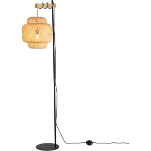 Lampadaire ANJA en bois et osier avec abat-jour en bambou interrupteur au pied et design moderne pour salon ou cuisine.