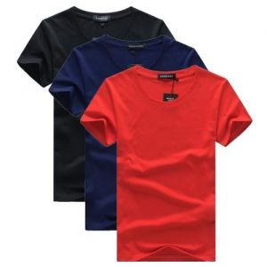 Lot de 3 T-Shirt Homme Manches Courtes Col Rond Tee Shirt Coupe Droite Couleur Unie - Noir/bleu/rouge