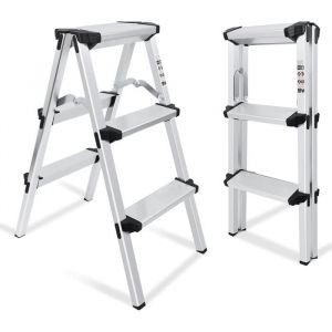 Escabeau Marche Pied Pliante 3 Marches Antid&eacute;rapants &Eacute;chelles Pliable 3-Level Max 150kg Acier Robust Int&eacute;rieur Ext&eacute;rieur - Argent&eacute;