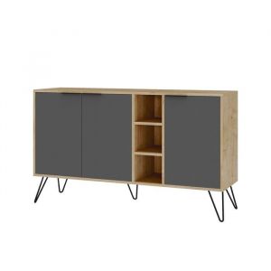 Buffet bas BOBOCHIC YORGA - Chêne / Anthracite - 2 portes - Pieds métal épingle - 3 niches de rangement