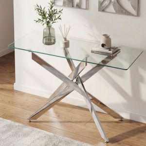 COSTWAY Table Console pour Entr&eacute;e en Verre Tremp&eacute; Transparent  Cadre en M&eacute;tal Robustes L115 x l45 x H78 CM Argent