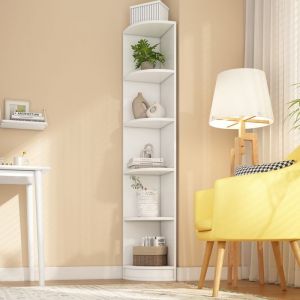 &Eacute;tag&egrave;re d&rsquo;Angle Moderne &Eacute;tag&egrave;re de Rangement Mat&eacute;riau MDF Meuble d&rsquo;Angle &agrave; 5 Niveaux Biblioth&egrave;que pour Salon Chambre Blanc