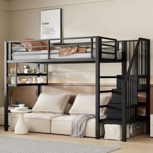 Lit Mezzanine 1 PlaceLit Mezzanine Enfant 90x200cmlit superpos&eacute; avec Escalier de Rangement et &eacute;tag&egrave;resCl&ocirc;ture HauteNoir