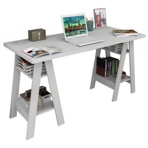 Bureau 2 Tr&eacute;teaux Blanc 4 Etag&egrave;res - L 135 x l 60 x H 75 cm
