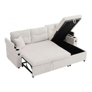 Canap&eacute; convertible 3 places canap&eacute; relaxcanap&eacute; coffreUSB velours c&ocirc;tel&eacute; et bois 212.5*136*86beige