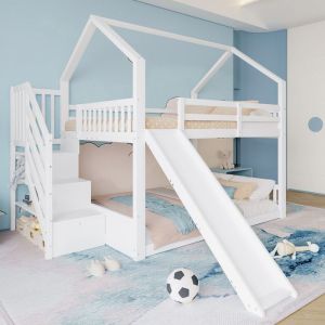 Lits superposés 140x200 cm avec escalier de rangement et toboggan Lit mezzaninelit cabane enfant avec barrière Cadre de litblanc