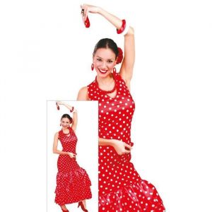 D&eacute;guisement - Danseuse flamenco - Rouge - Robe longue &agrave; pois blancs - Adulte femme