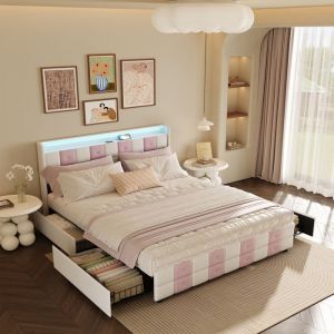Lit Capitonn&eacute; 160x200 avec &Eacute;clairage LED Lit Double Rembourr&eacute; avec 4 Tiroirs et USB en Velours Blanc et Rose pour Lit Principal