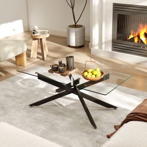 Table Basse en Verre Tremp&eacute; COSTWAY 120x60x455 cm Table Rectangulaire de Salon Pieds Tubulaires en M&eacute;tal Table Basse Salon Noir