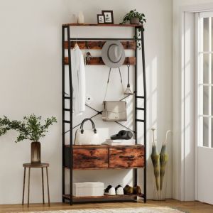 Porte-ManteauCompartiments Ouverts avec 2 tiroirsStyle Industriel pour Entr&eacute;e Couloir Marron Rustique et Noir dEncre