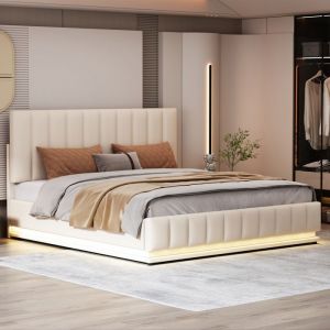 Lit capitonné Lit double 160 x 200 cm Design moderne avec LED et coffre de lit - blanc