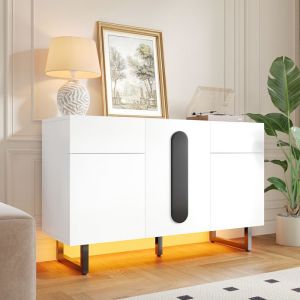 Buffet Bas Blanc LED 120cm Meuble Salle &agrave; Manger Moderne avec &Eacute;tag&egrave;res R&eacute;glables 2 Tiroirs de Rangement 3 Portes Pieds en M&eacute;tal