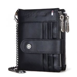 Portefeuille Cuir V&eacute;ritable Homme Porte-Cartes RFID Vintage Avec La Cha&icirc;ne Et Doubles Fermetures &Eacute;clairs Noir