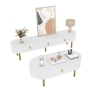 Ensemble Salon Blanc Luxe : Meuble TV et Table Basse avec Tiroirs Coins Arrondis - Design &Eacute;l&eacute;gant