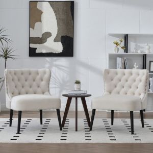 Fauteuil - Velours beige - Design moderne - Sans accoudoir - Garniture de clous - 61x65x80 cm