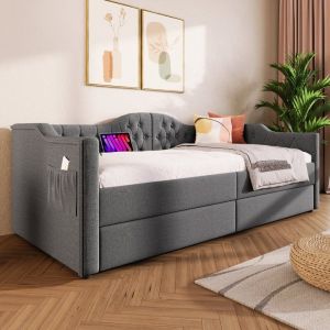 lit convertible cadre de lit coffre 90x190 cm avec chargement USB type C et 2 tiroirs  Sommier inclus gris lin