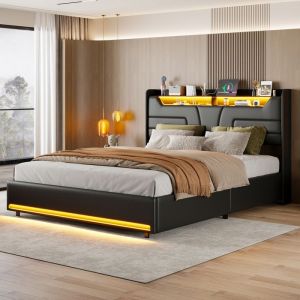 Lit coffre 160 x 200 cm  2 personnes  Lit rembourr&eacute;  Lit adulte  Avec LED et USB/Type-C  Sommier &agrave; lattes - Simili cuir PU - Noir