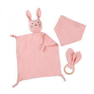 Lot de 3 Coffret Naissance B&eacute;b&eacute; de Fille et Gar&ccedil;on - 100% Coton Doux Doudou Bavoir et Anneau Cadeau Kit pour rose DOUDOU