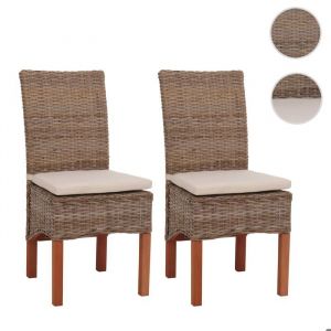Lot de 2 chaises M44 salle &agrave; manger rotin kubu/bois 47x52x97cm ~ avec coussins