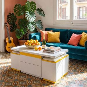 Table Basse Relevable - 4 Poufs Rangement Inclus - Plateau Pliant - Moderne - Blanc et Jaune