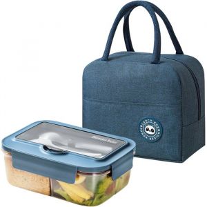 Bento Lunch Box Micro Ondable avec Sac Isotherme Repas1.4l Boite Repas avec 3 Compartiments et CouvertsBoite &agrave; Lunch(Bleu)