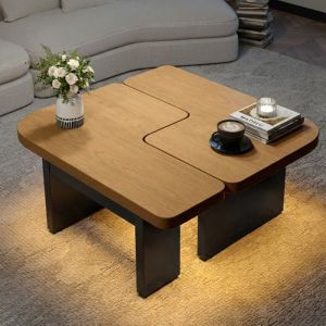 Table Basse LED Modulable - Bois Naturel & Noir - 2 Tiroirs de Rangement - Coins Arrondis - Design Moderne 90x60cm