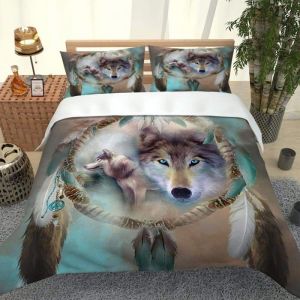 Parure de lit Attrape-Rêves Animal Loup 220*240 cm 3D effet 3 pieces 1 housse de couette et 2 taies doreillers 63*63cm