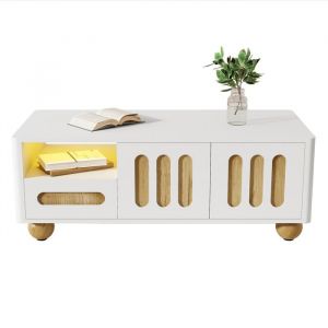 Table basse moderne 105x50x40 cm. Aspect blanc et bois 4 portes 2 tiroirs et compartiments ouverts lampe LED – coins arrondis