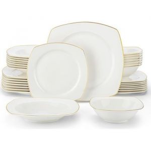 MALACASA Vaisselle S&eacute;rie RAFA-GT 32 Pi&egrave;ces Service Complet de Table en Porcelaine avec bord dor&eacute; pour 8 Personnes - Blanc