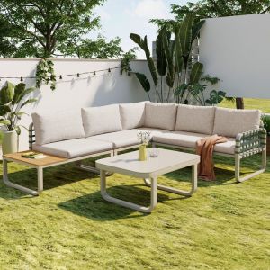Salon de jardin pour 5 places en rotin et cuir - 2 canapé - 1 fauteuil et 1 table basse avec coussins beige