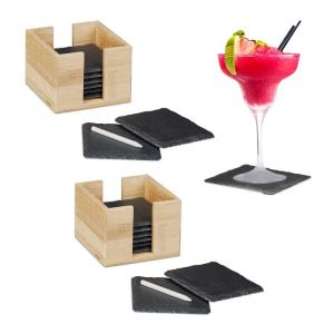 Dessous de verre lot de 16 ardoise Sous-verre Boîte de rangement bambou Craie blanche carré 10x10 cm nature