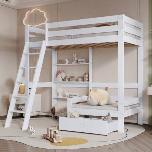 Lit mezzanine enfant 90x200 cm avec étagères et canapé et tiroir et échelle inclinée  cadre de lit en bois massif blanc
