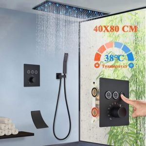 LED Colonne de Douche Encastr&eacute;e Noir Thermostatique 38℃ Syst&egrave;me de Douche de T&ecirc;te 40 x 80 cm Carr&eacute;e en Laiton et Acier Inox