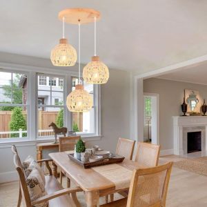 iDEGU Lustre Suspension Luminaire Industriel Lampe de Plafond Vintage en Rotin Blanc Designe Cage Luminaire Rétro pour Salon