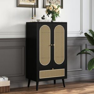 Buffet compact rotin noir 2 portes 1 tiroir 60x40 x1105 cm - Meuble salle &agrave; manger haut rangement polyvalent