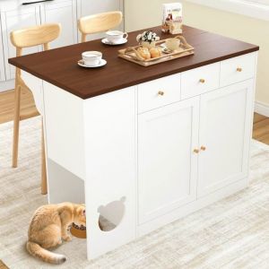 îlot de cuisine avec plan de travail pliable armoire de cuisine avec 3 tiroirs 2 portes avec espace pour animaux de compagnie