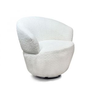 Fauteuil rond pivotant 360&deg; tissu boucl&eacute; blanc cass&eacute; &ndash; COROLLA Meubletmoi