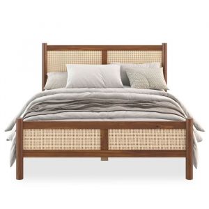 Lit Double 140x200 CEFIRA Couleur Ch&acirc;taigne T&ecirc;te & Pied de Lit en Rotin Tress&eacute; en bois massif